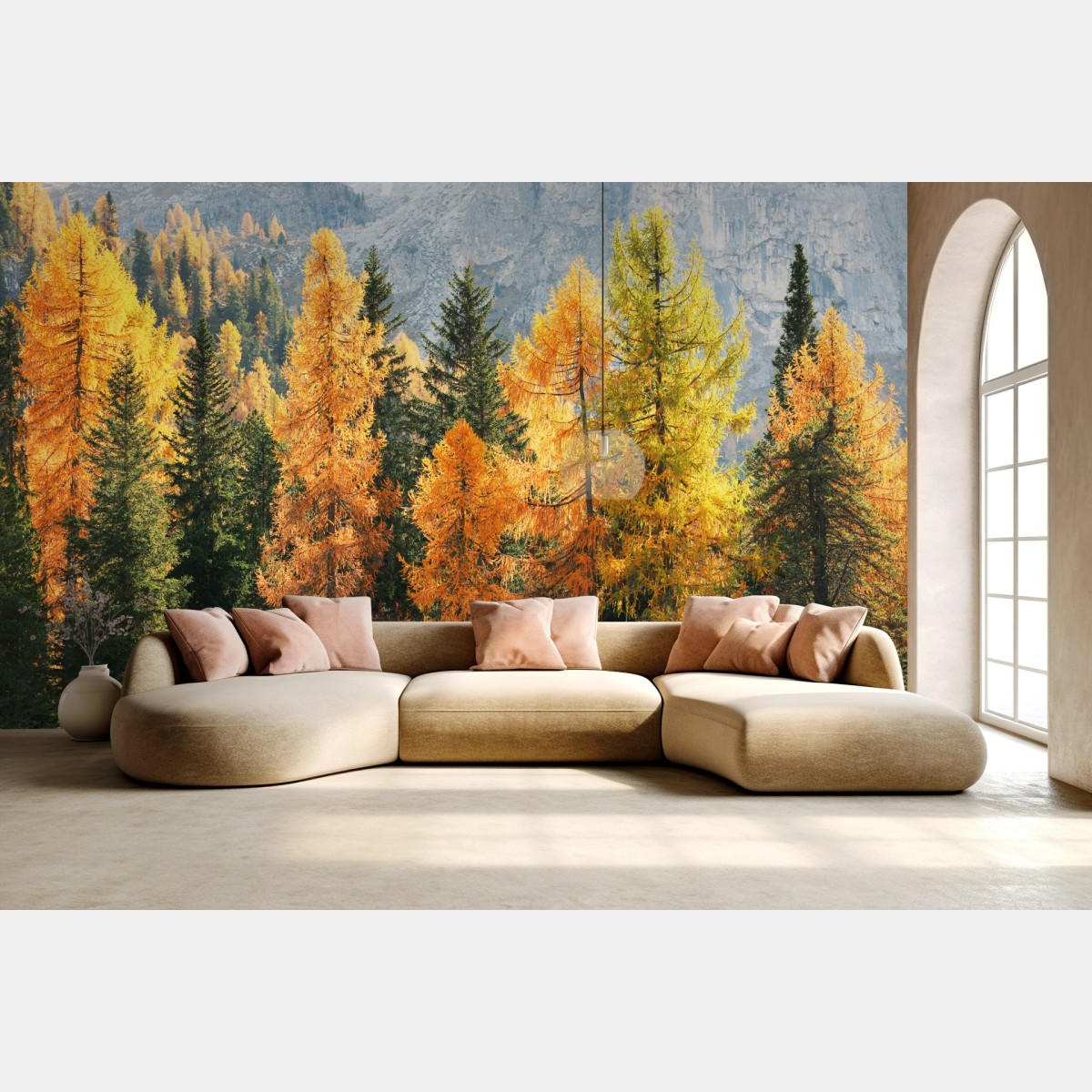 Fototapete goldener herbstlicher lärchenwald – Wallnifity®