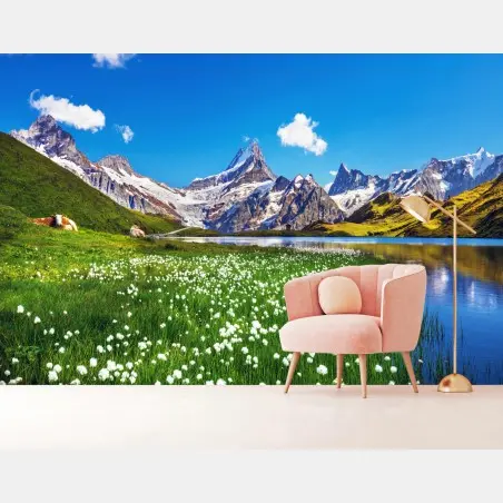 Fototapete alpensee mit blumenwiese und berggipfeln – Wallnifity®