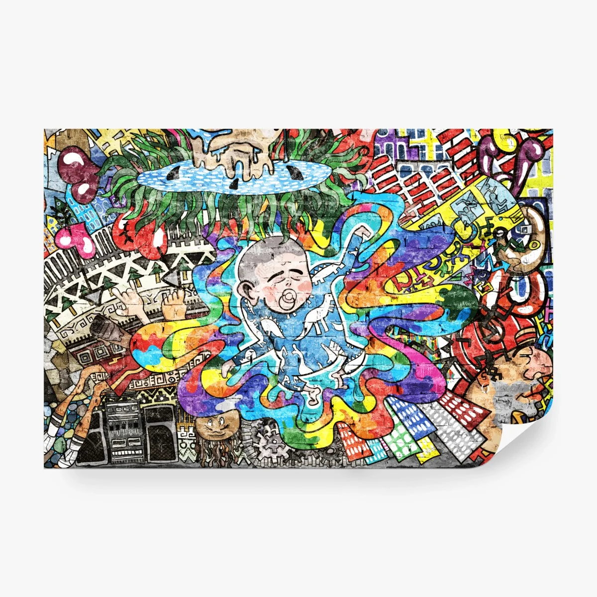 Fototapete buntes graffiti-mural mit träumendem kind – Wallnifity® Fototapete buntes graffiti-mural mit träumendem kind – Wallnifity®