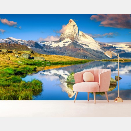 Fototapete majestätisches Matterhorn gespiegelt im alpensee – Wallnifity®