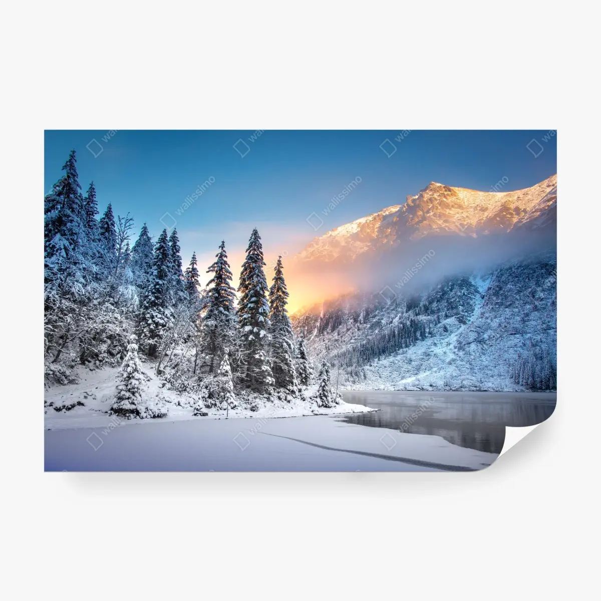 Fototapete wintermorgen über dem verschneiten bergsee – Wallnifity®