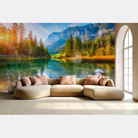 Fototapete Hintersee herbstliche see- und bergspiegelung – Wallnifity®