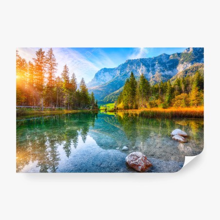 Fototapete Hintersee herbstliche see- und bergspiegelung – Wallnifity®