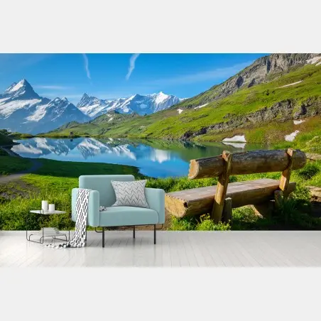 Fototapete alpensee mit hölzerner bank – Wallnifity®