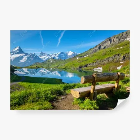 Fototapete alpensee mit hölzerner bank – Wallnifity®