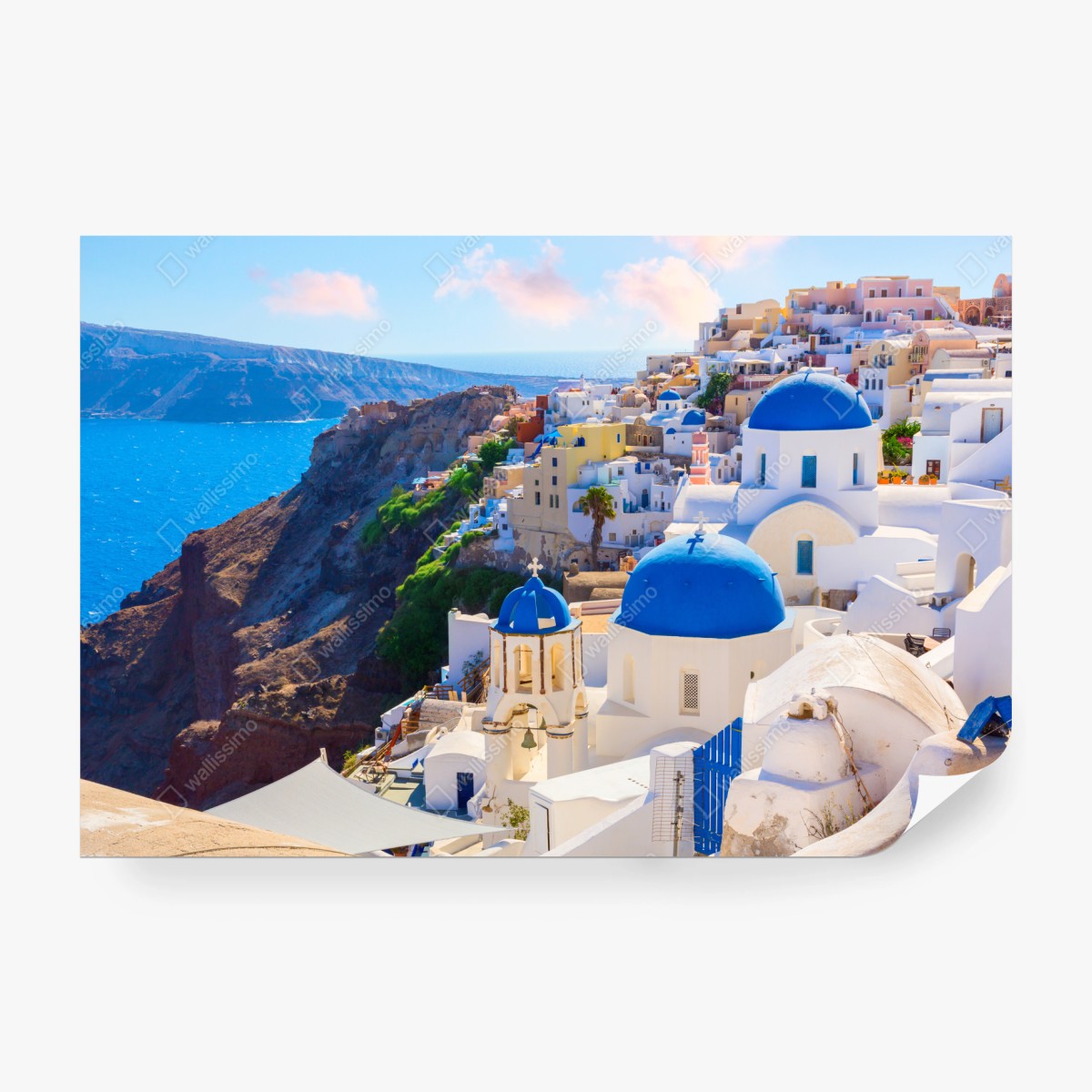 Fototapete Santorini blaue kuppeln und weiße häuser – Wallnifity®