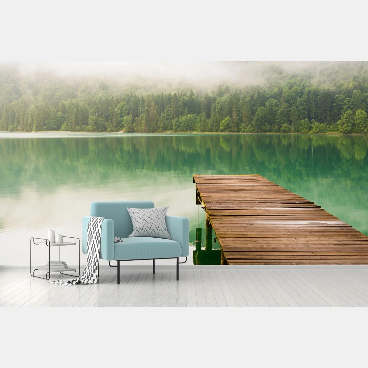 Fototapete nebliger see mit hölzernem steg – Wallnifity® Fototapete nebliger see mit hölzernem steg – Wallnifity®