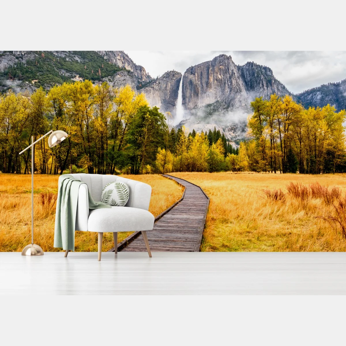 Fototapete herbstlicher steg zum wasserfall – Wallnifity® Fototapete herbstlicher steg zum wasserfall – Wallnifity®
