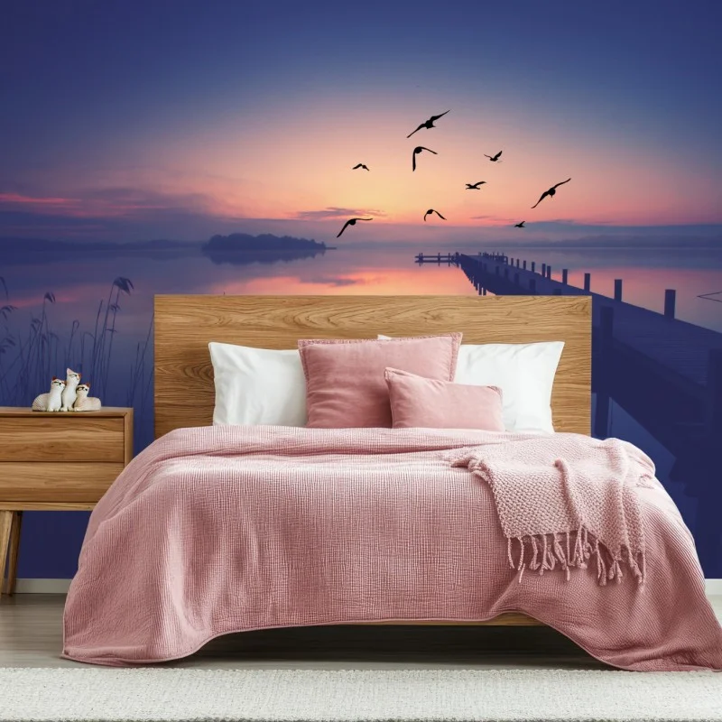 Fototapete ruhiger sonnenaufgang am see mit vögeln – Wallnifity®