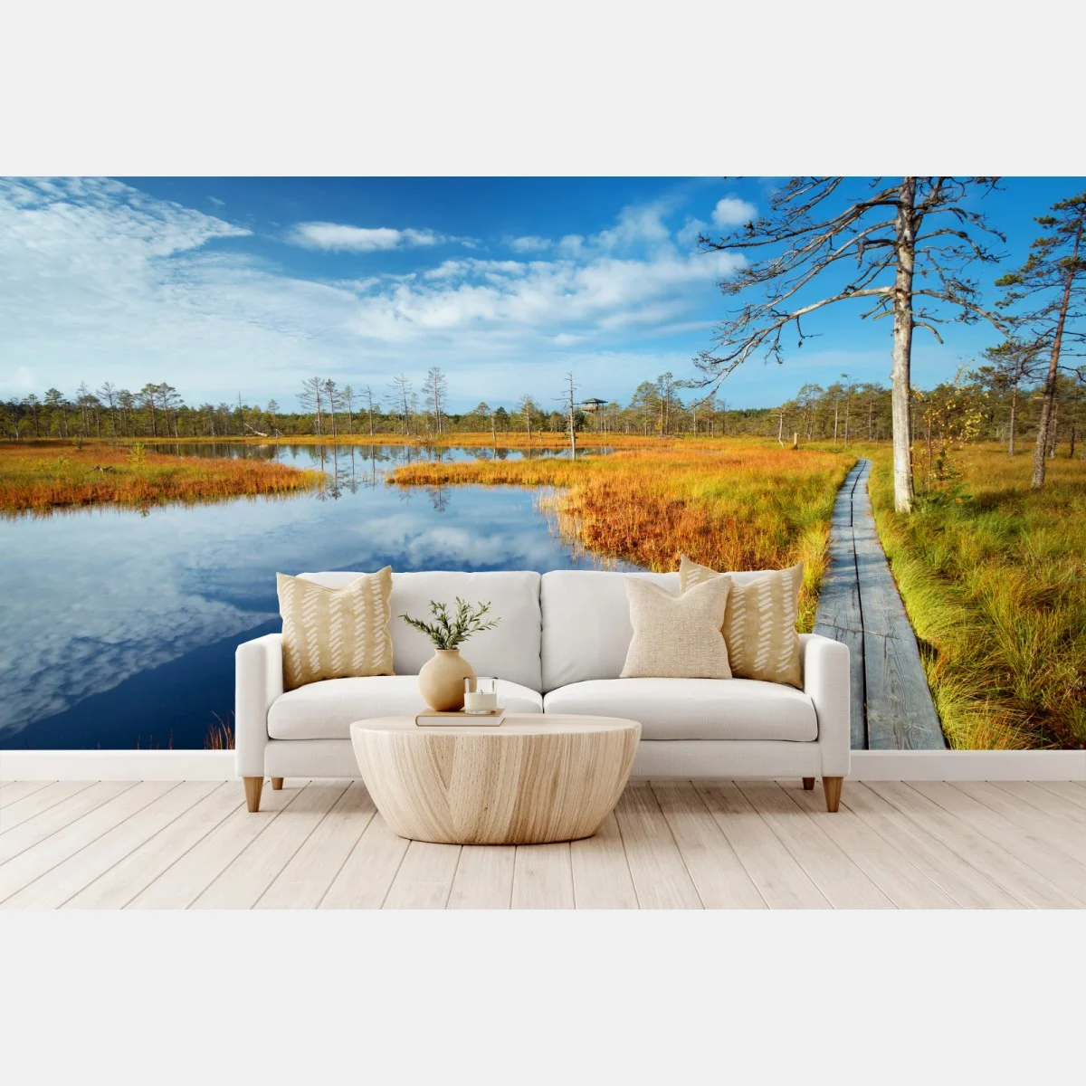 Fototapete herbststeg über ruhigem moor – Wallnifity® Fototapete herbststeg über ruhigem moor – Wallnifity®