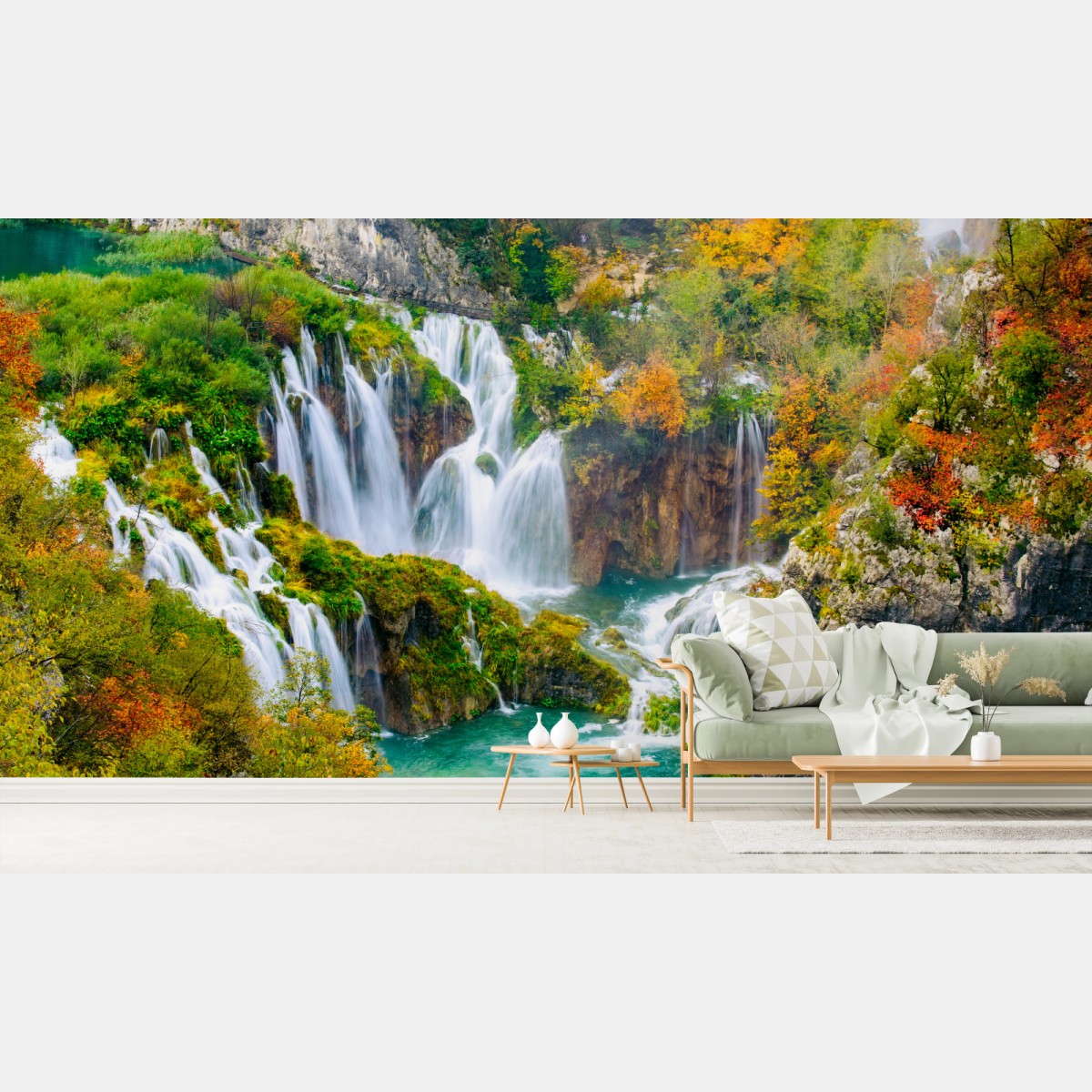 Fototapete türkisfarbener wasserfall im herbst – Wallnifity®