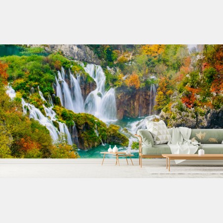 Fototapete türkisfarbener wasserfall im herbst – Wallnifity®