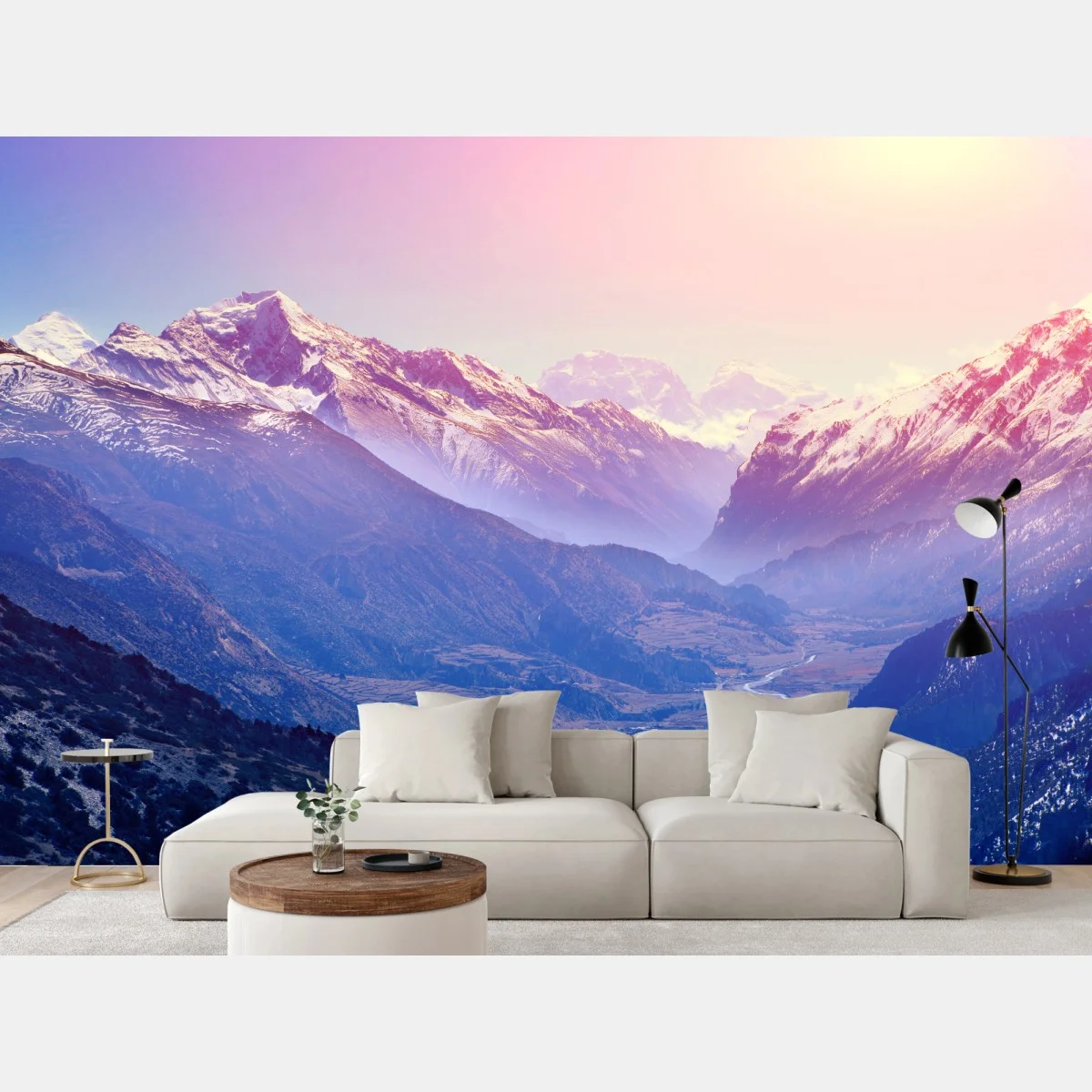 Fototapete pastelliges bergtal bei sonnenaufgang – Wallnifity® Fototapete pastelliges bergtal bei sonnenaufgang – Wallnifity®