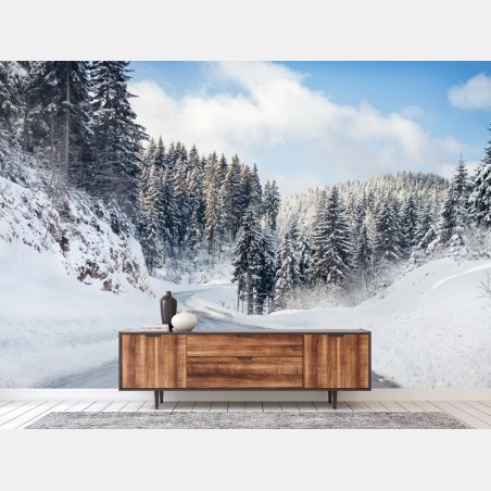 Fototapete winterstraße durch verschneiten nadelwald – Wallnifity®
