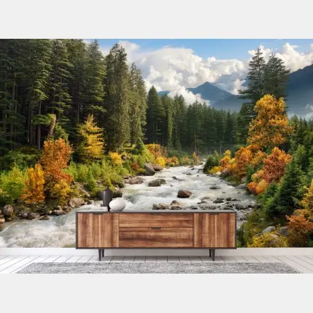 Fototapete herbstliche berglandschaft mit fluss – Wallnifity®