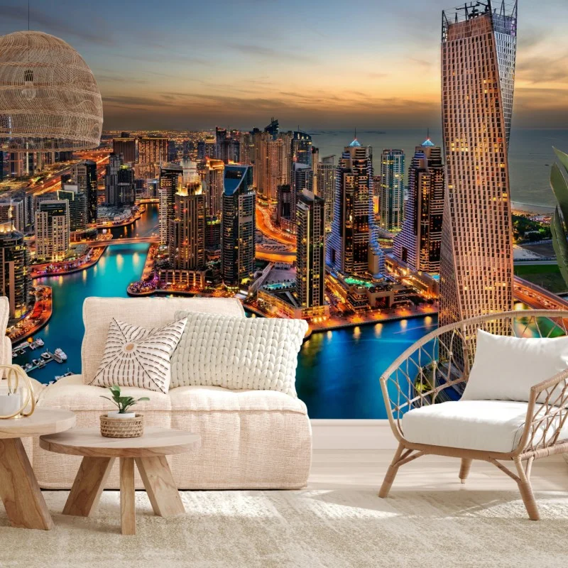 Fototapete Dubai marina skyline bei dämmerung – Wallnifity® Fototapete Dubai marina skyline bei dämmerung – Wallnifity®