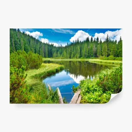 Fototapete ruhiger waldsee mit hölzerner brücke – Wallnifity®