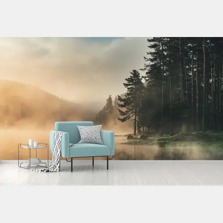 Fototapete nebliger sonnenaufgang über waldsee – Wallnifity®