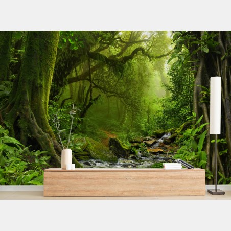 Fototapete verwunschener grüner wald mit bach – Wallnifity®