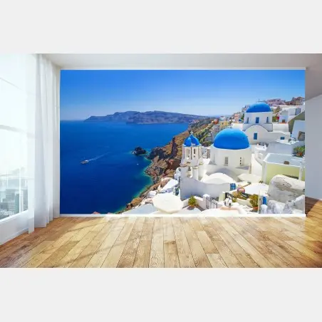 Fototapete Santorini blaue kuppeln über der kaldera – Wallnifity®