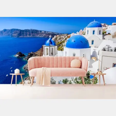 Fototapete Santorini blaue kuppeln über der kaldera – Wallnifity®