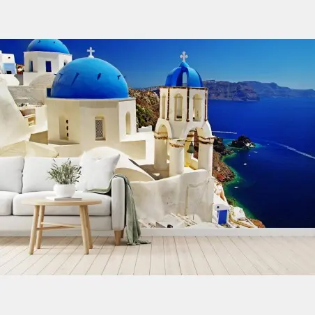 Fototapete Santorini blaue kuppeln meerblick – Wallnifity®