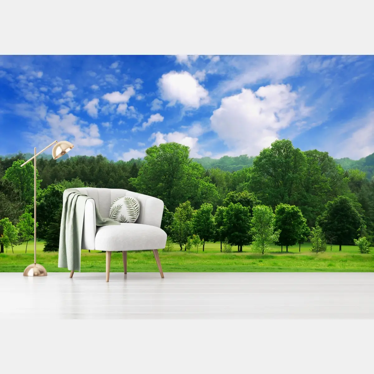 Fototapete sommerlicher grüner wald unter blauem himmel – Wallnifity®