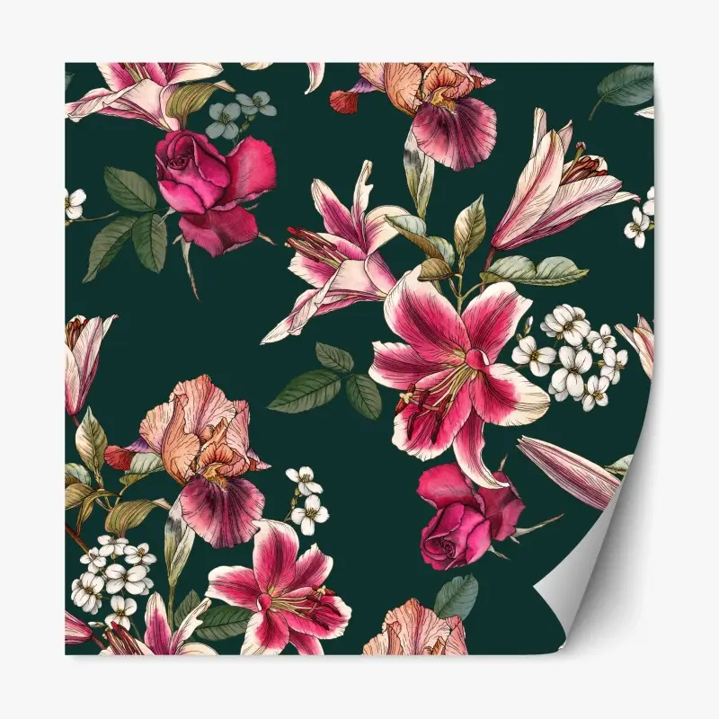 Repositionierbarer Aufkleber vintage botanisches floralmuster auf tiefgrün