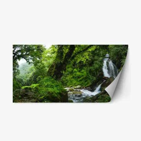 Repositionierbarer Aufkleber üppiger grüner wasserfall im wald – Wallnifity®