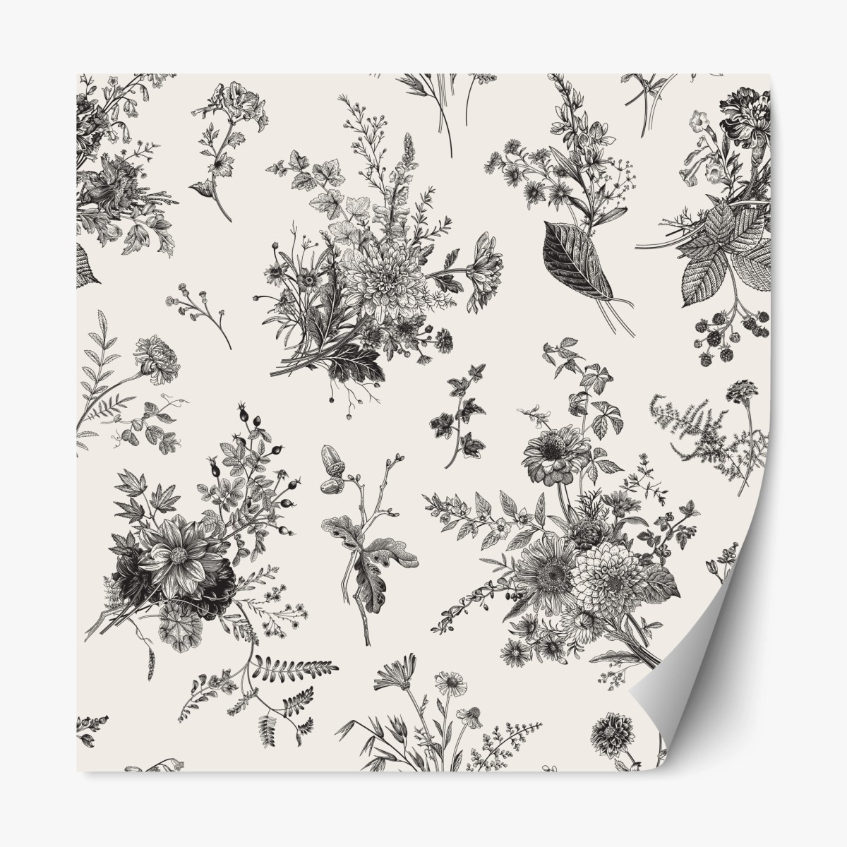 Repositionierbarer Aufkleber klassisches schwarzweißes blumenmuster – Wallnifity®