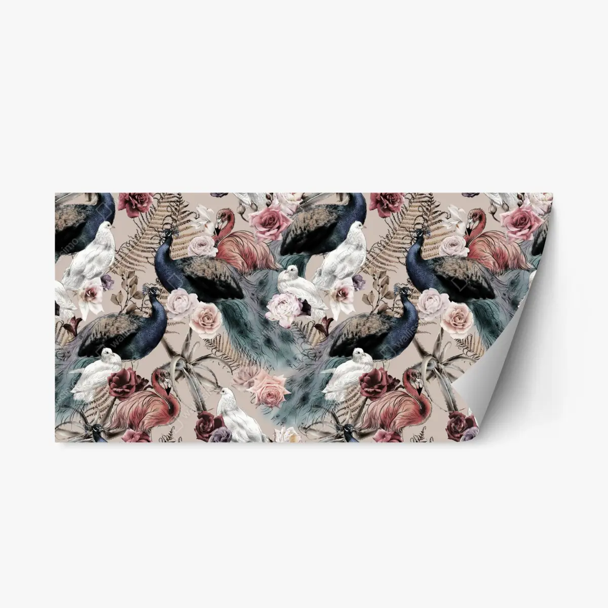 Repositionierbarer Aufkleber aquarellmuster mit vögeln und rosen – Wallnifity®