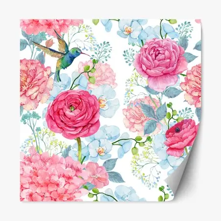 Repositionierbarer Aufkleber rosa aquarell blumengarten mit kolibri – Wallnifity®