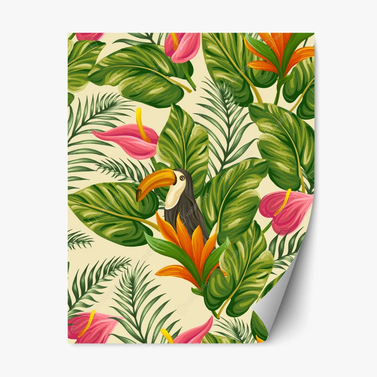 Repositionierbarer Aufkleber tropisches botanisches muster mit tukan – Wallnifity® Repositionierbarer Aufkleber tropisches botanisches muster mit tukan – Wallnifity®
