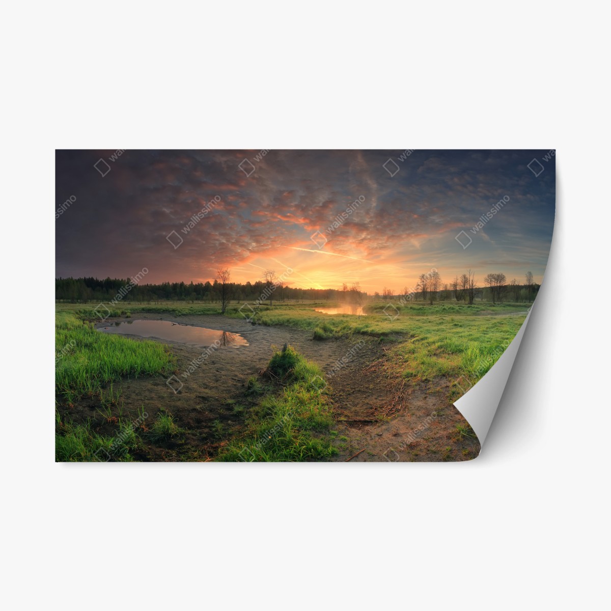 Repositionierbarer Aufkleber sonnenuntergang über einer ruhigen wiese – Wallnifity®