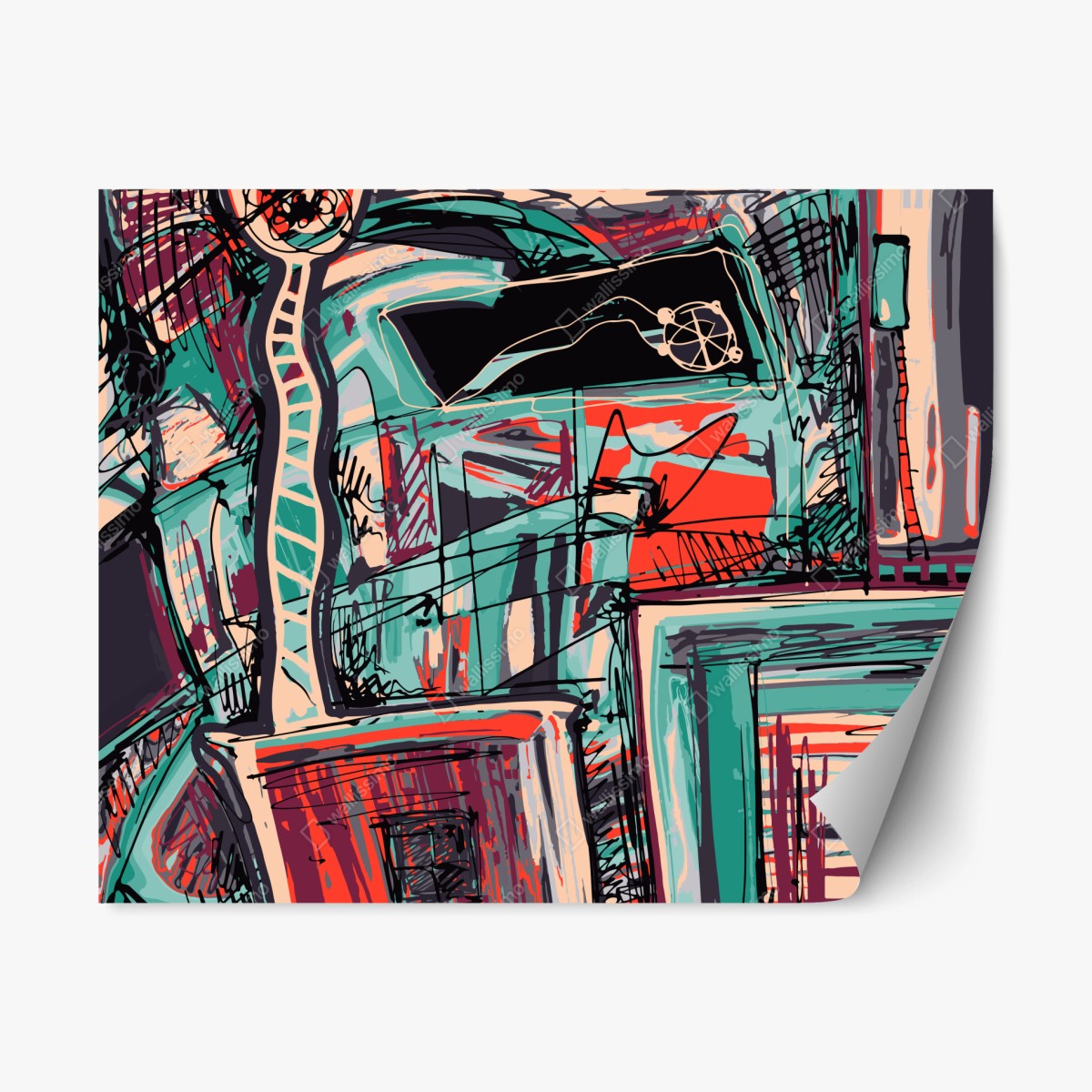 Repositionierbarer Aufkleber türkis-korall abstrakte komposition – Wallnifity® Repositionierbarer Aufkleber türkis-korall abstrakte komposition – Wallnifity®