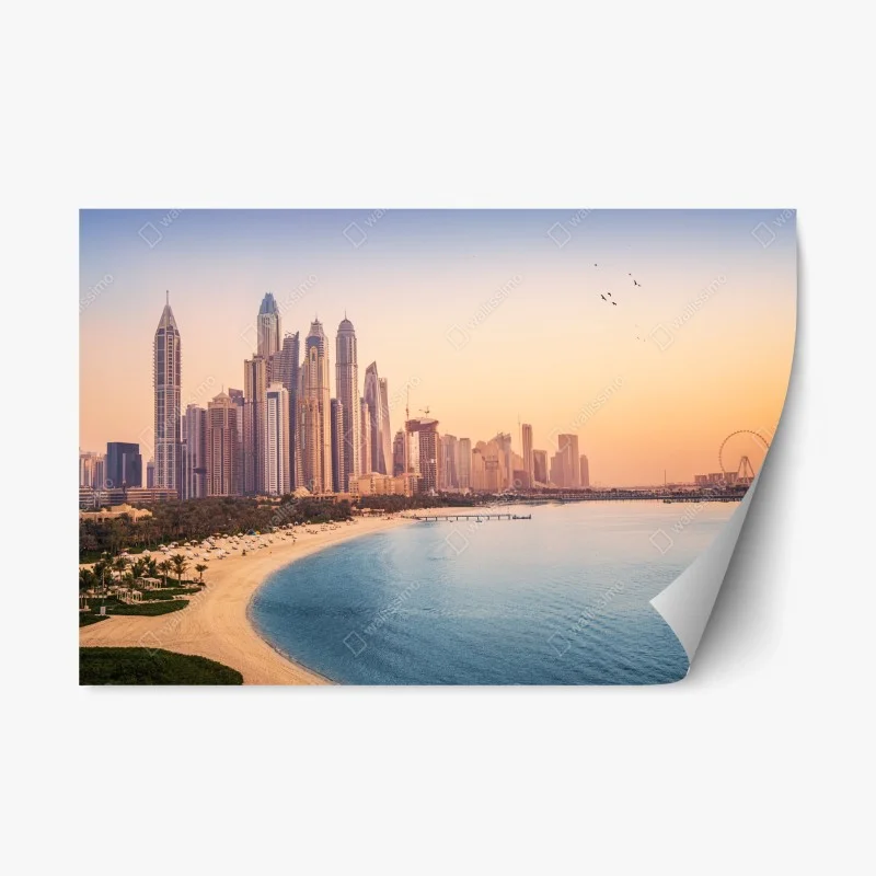 Repositionierbarer Aufkleber Dubai skyline bei sonnenuntergang