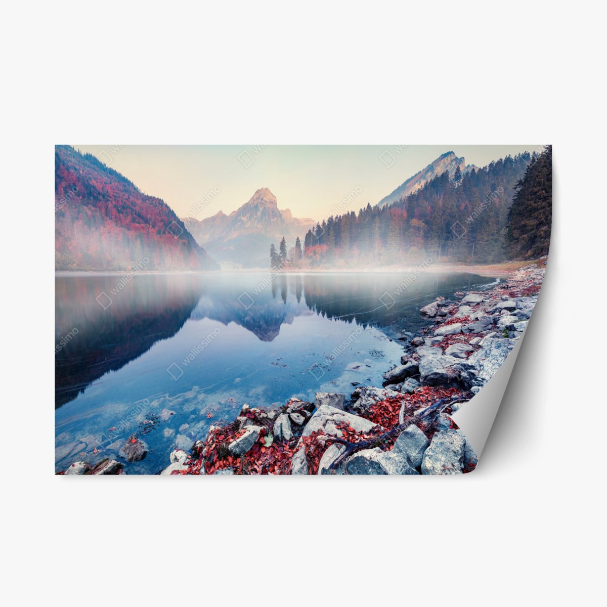 Repositionierbarer Aufkleber nebliger herbstmorgen am Obersee, Schweizer Alpen – Wallnifity®