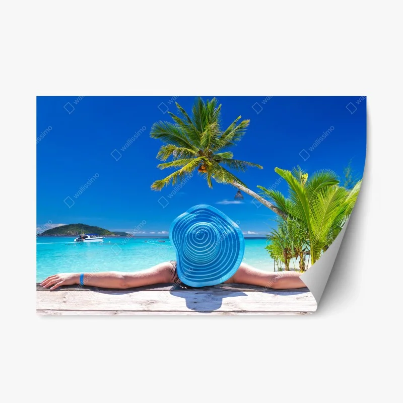 Repositionierbarer Aufkleber tropischer strand mit blauem sonnenhut