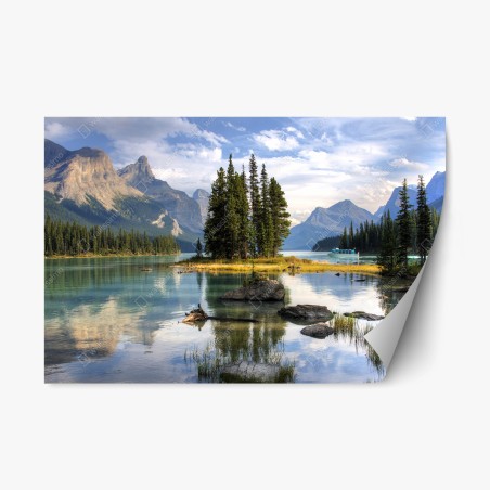 Repositionierbarer Aufkleber ruhiger alpensee mit insel und bergen – Wallnifity®