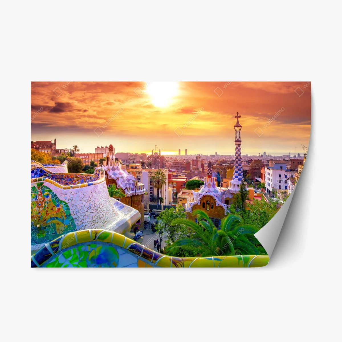 Repositionierbarer Aufkleber sonnenuntergang über Park Güell in Barcelona – Wallnifity® Repositionierbarer Aufkleber sonnenuntergang über Park Güell in Barcelona – Wallnifity®