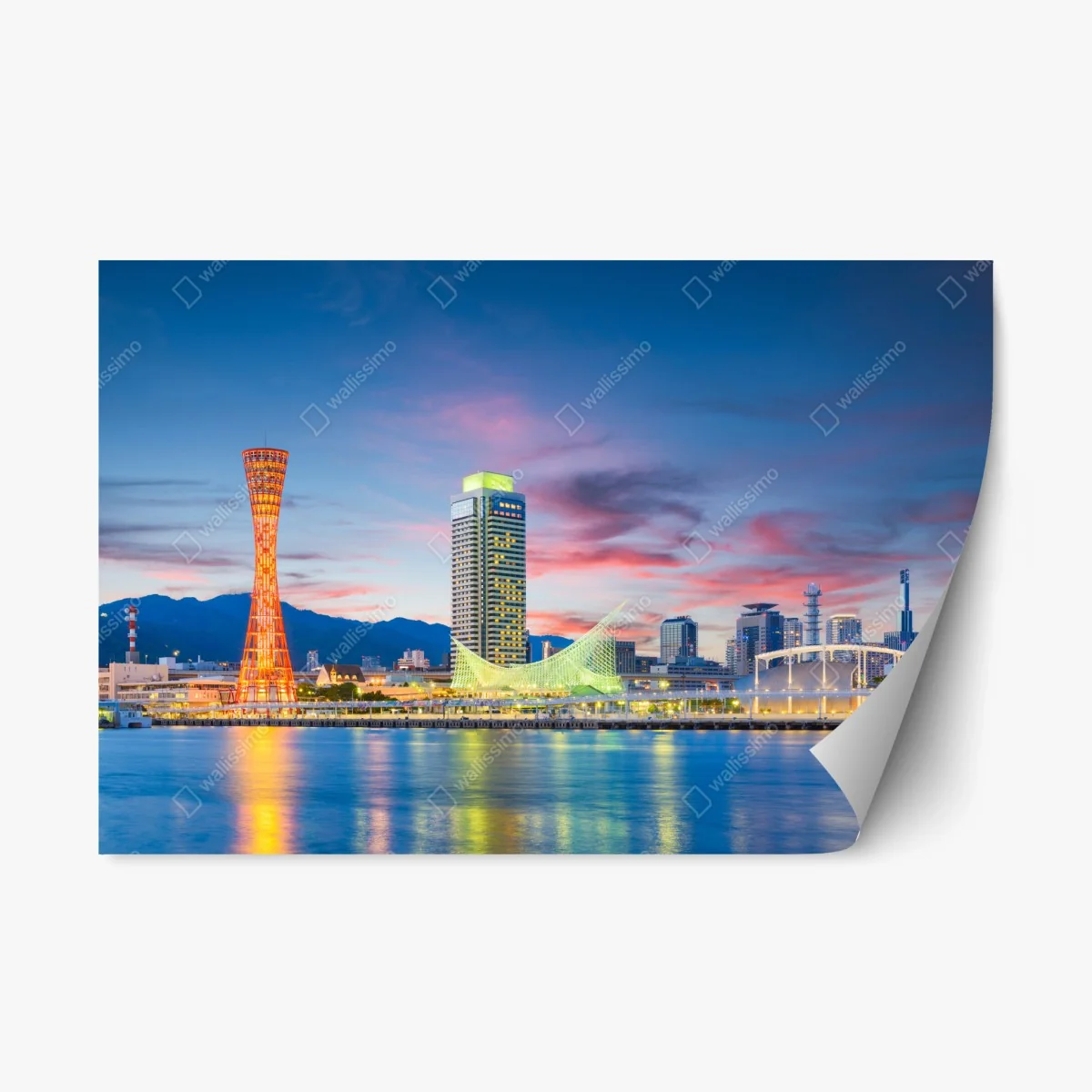 Repositionierbarer Aufkleber Kobe skyline bei dämmerung – Wallnifity® Repositionierbarer Aufkleber Kobe skyline bei dämmerung – Wallnifity®
