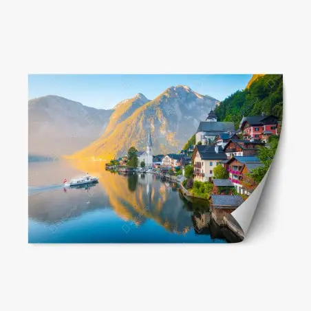 Repositionierbarer Aufkleber morgendlicher lichtglanz über Hallstatt am see – Wallnifity®
