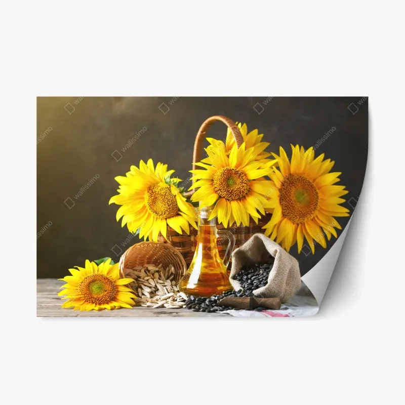 Repositionierbarer Aufkleber leuchtendes stillleben mit sonnenblumen, kernen und öl
