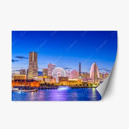 Repositionierbarer Aufkleber Yokohama skyline bei dämmerung – Wallnifity®