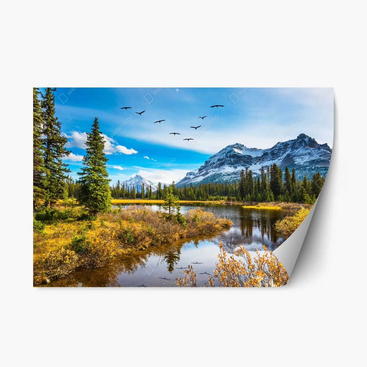 Repositionierbarer Aufkleber herbstlicher bergsee mit vögeln – Wallnifity® Repositionierbarer Aufkleber herbstlicher bergsee mit vögeln – Wallnifity®