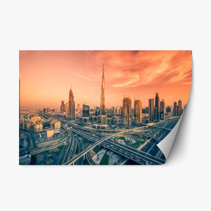 Repositionierbarer Aufkleber Dubai skyline bei sonnenuntergang