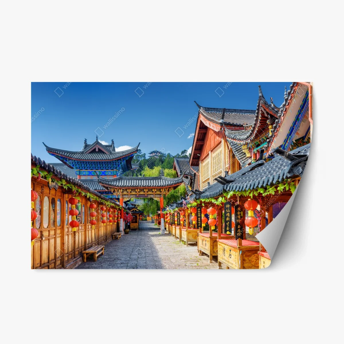 Repositionierbarer Aufkleber Lijiang alte gasse mit laternen – Wallnifity® Repositionierbarer Aufkleber Lijiang alte gasse mit laternen – Wallnifity®