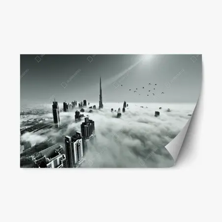 Repositionierbarer Aufkleber neblige skyline von Dubai über den wolken – Wallnifity®
