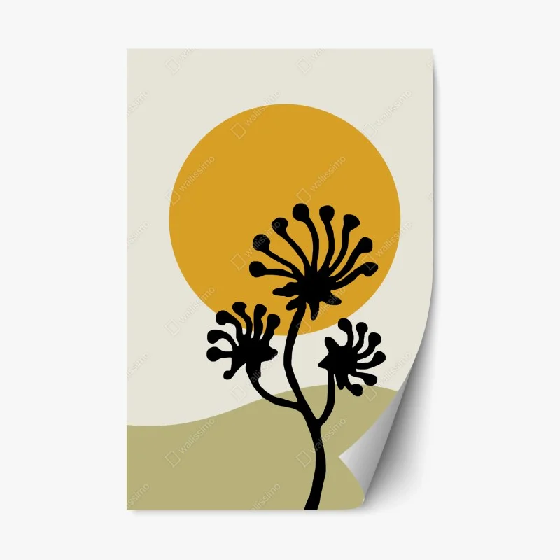 Repositionierbarer Aufkleber minimalistische botanische silhouette mit sonne