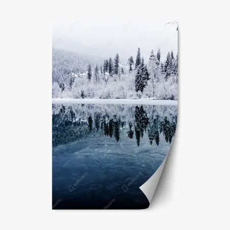 Repositionierbarer Aufkleber winterlicher see mit spiegelung im verschneiten wald – Wallnifity®